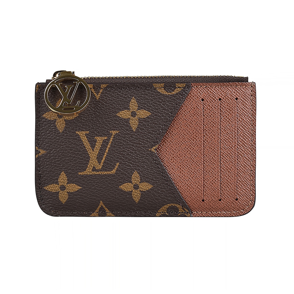 LV M81880 ROMY金屬LOGO Monogram塗層帆布3卡拉鍊零錢包卡片包(棕x褐)