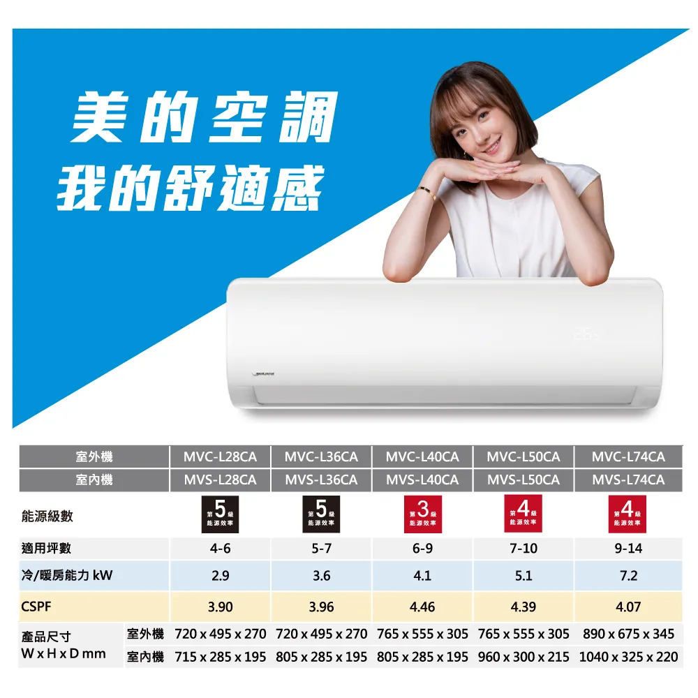 【Midea美的】變頻冷專分離式冷氣3級能效7-9坪MVC-L50CA-MVS-L50CA