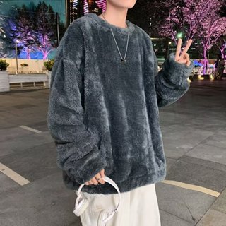 S-3XL羊羔毛衛衣男 寬鬆韓版 潮流長袖t恤 圓領套頭衛衣 冬季加厚法蘭絨上衣 保暖打底衫 日繫鹽繫情侶pureピュア
