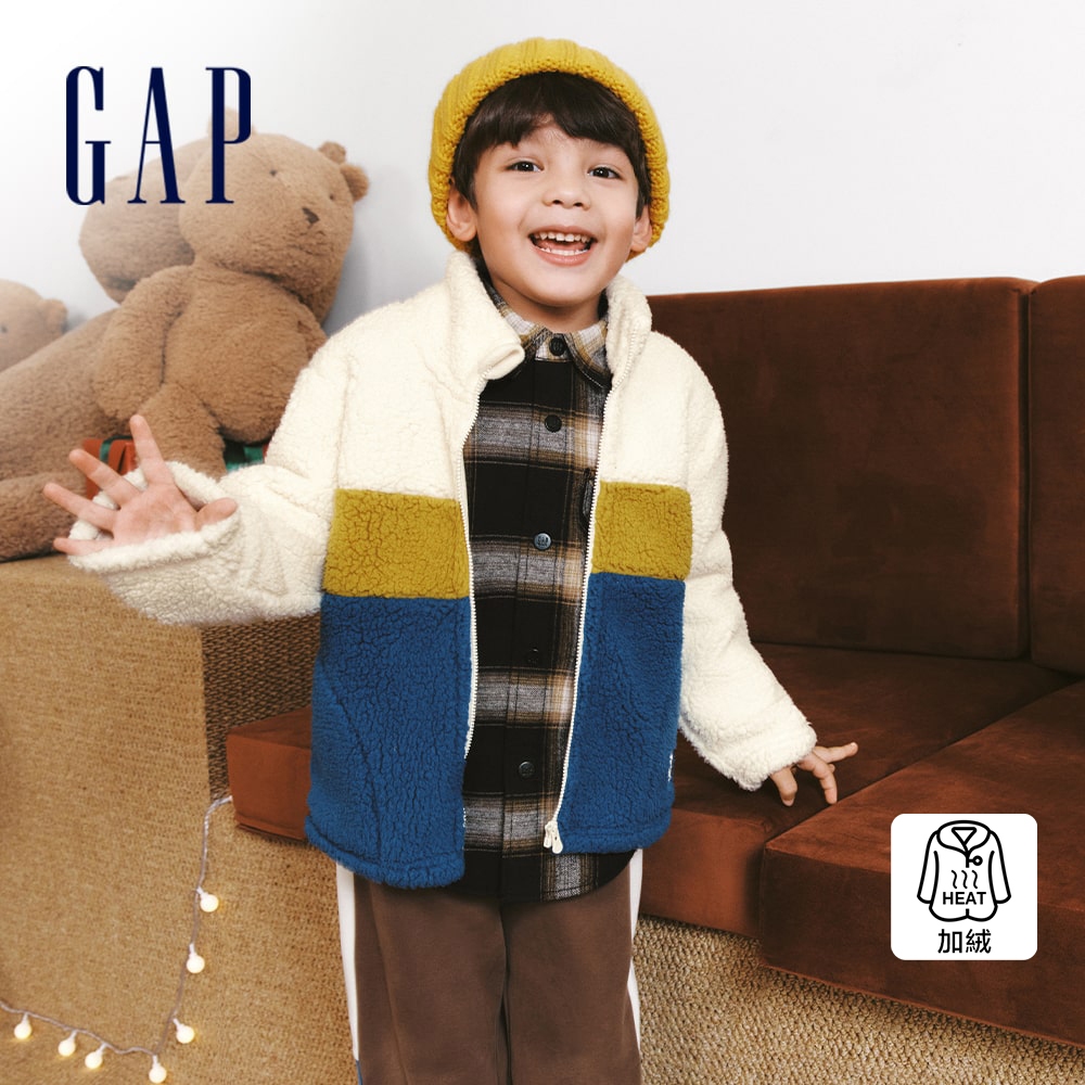 Gap 男幼童裝 Logo仿羊羔絨立領外套-藍白拼接(837015)