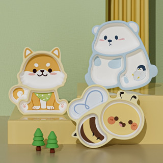 現貨《兒童餐具】可愛卡通分格餐盤+湯匙組 密胺 ♥ 寶寶吃飯 兒童餐盤 ♥ 家用 幼稚園 小孩輔食 餐盤 湯匙 勺子