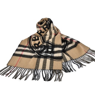 BURBERRY格紋圓標LOGO雙面喀什米爾羊毛圍巾(典藏米/黑)089565