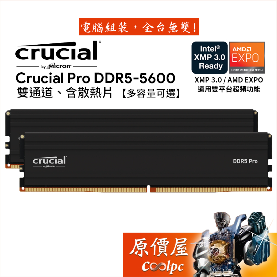 Micron美光 Crucial Pro 超頻 DDR5 5600 雙通道 【多容量可選】含散熱片/桌機記憶體/原價屋