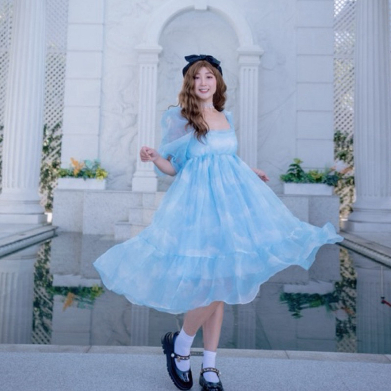 蓬蓬袖連衣裙 公主洋裝仙女裙蓬蓬裙 迪士尼公主 藍天白雲大裙襬 藍色洋裝