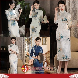 印花七分袖中長旗袍 復古中國風經典改良式 時尚修身顯瘦日常喜宴連身裙洋裝S-4XL加大-五色-水水女人國