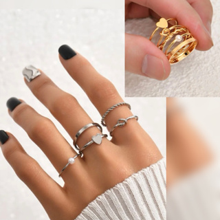 現貨 5入/組 金 銀 扭結 愛心 珍珠 簡約 韓國設計 一手多戒 女戒 戒指 時尚女戒 關節戒 多層次戒指