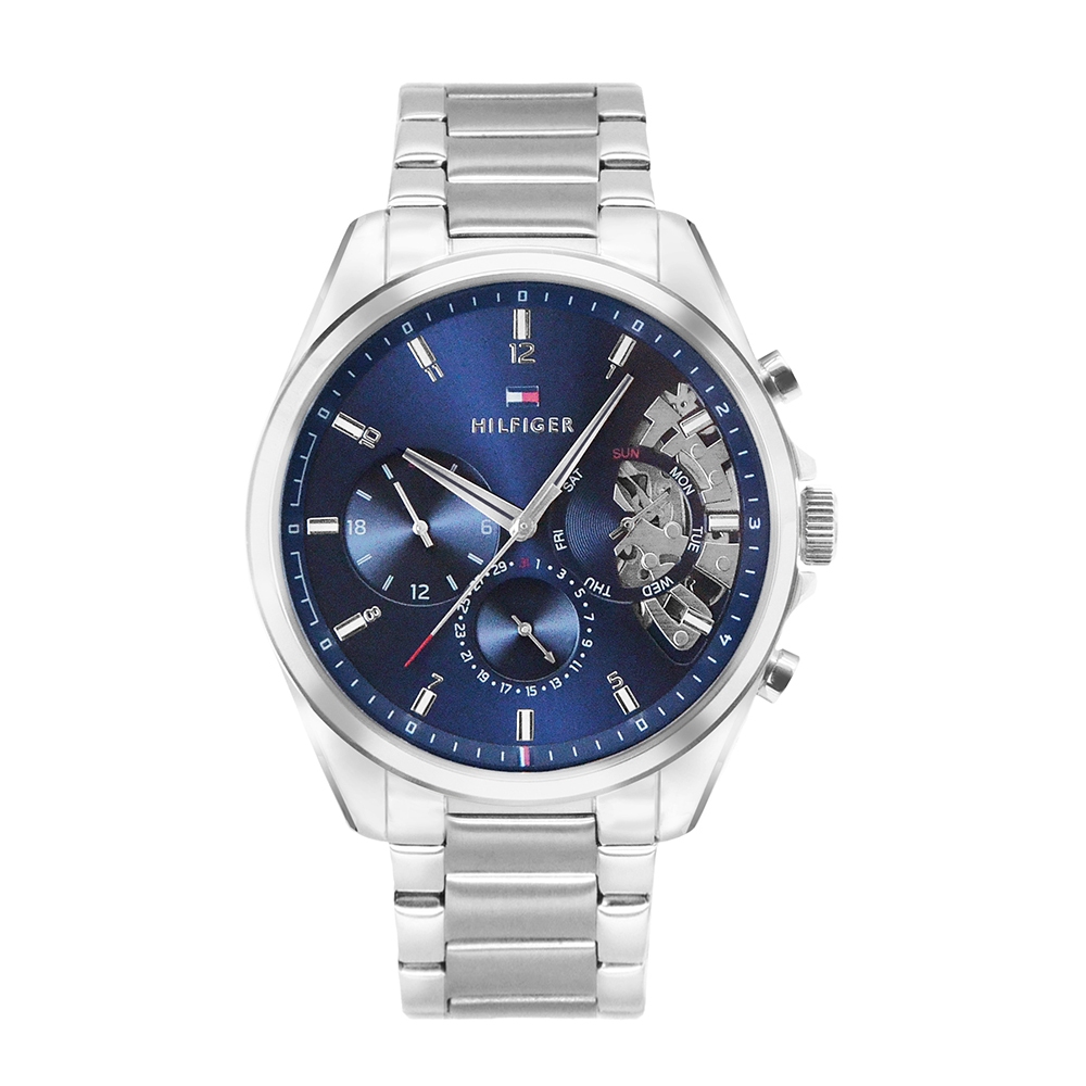 Tommy Hilfiger l Baker系列 銀殼 藍面 三眼日期顯示腕錶 鏤空設計 銀色不鏽鋼錶帶 手錶 男錶