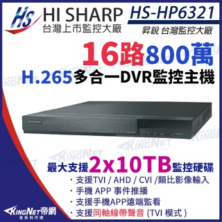 【無名】昇銳 HS-HP6321 H.265 8MP 800萬 16路主機 同軸聲音 DVR 多合一錄影主機 雙碟