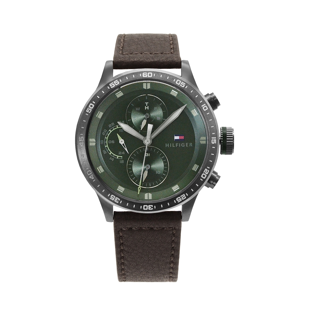Tommy Hilfiger l Trent系列 鐵灰殼 綠色面 三眼日期顯示腕錶 深咖啡色皮革錶帶 手錶 男錶