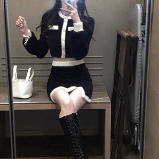 現貨 小香風毛毛套裝 毛毛外套 毛毛短裙 毛毛套裝 毛茸茸套裝 小香風套裝 小香風外套 黑白套裝 黑白外套 拼接套裝