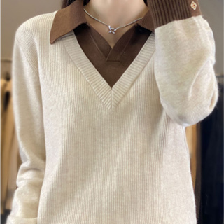 雅麗安娜 針織衫 毛衣 上衣 秋季針織衫長袖假兩件上衣時尚洋氣襯衫領顯瘦毛衣打底衫TBF19-2287.