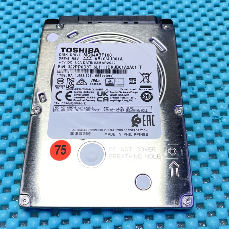 含稅價 TOSHIBA 2.5吋 7mm 硬碟 1TB SATA3 128M 5.4K MQ04ABF100 二手良品