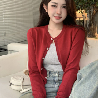 胖胖美依 薄外套 小外套 空調外套聖誕節穿搭新年紅色毛衣外套女秋冬新款針織開襟衫短版上衣TBF15.8540
