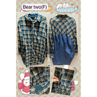 Beartwo(B2) 設計款 蕾絲袖 全棉格紋長版襯衫（F)