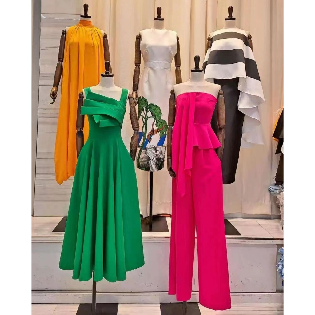 【◈Ultra Feminine◈】㊣韓國設計師品牌~穿出無限的美與氣場♥典雅氣質綠色無袖長洋裝／明亮耀眼桃色平口垂墜套