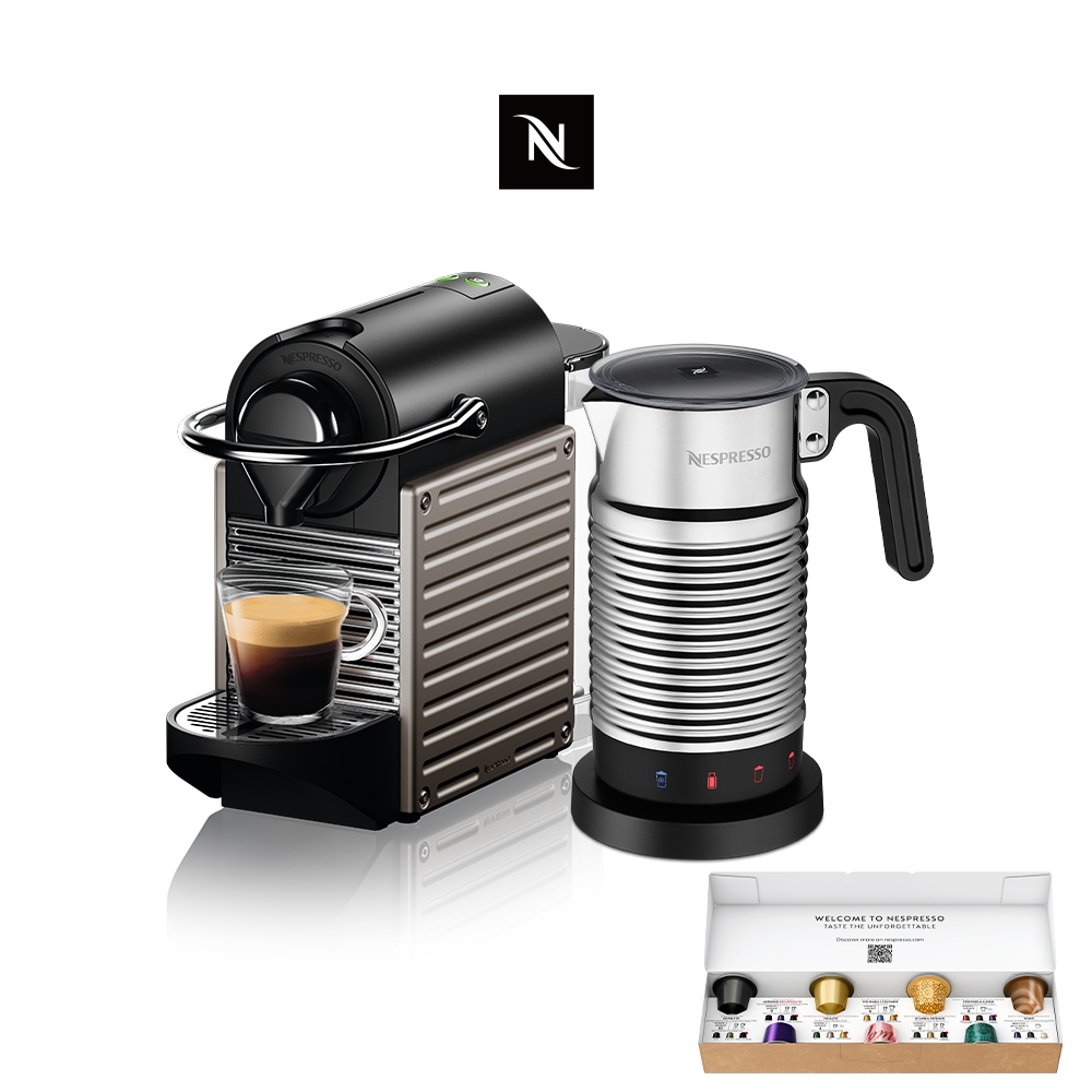 【Nespresso】膠囊咖啡機 Pixie(鈦金屬) Aeroccino4全自動奶泡機組合 (贈咖啡組)