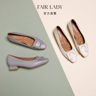 FAIR LADY 芯太軟 方釦裝飾小方頭低跟鞋 月光白色 岩灰色 (602691) 低跟鞋 女鞋
