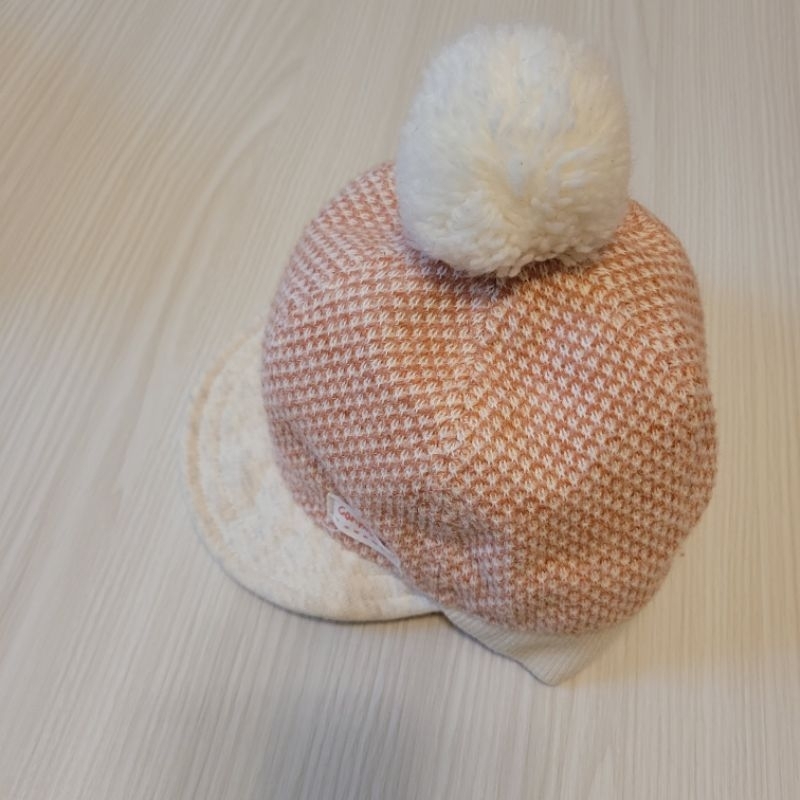 二手嬰幼兒配件//日本【connect M】冬日小童針織毛球棒球帽 珊瑚粉 50cm 毛球帽 日本製保暖針織帽