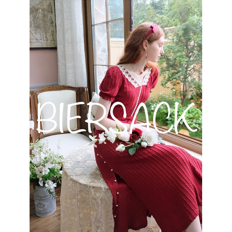 現貨BIERSACK義大利進口🇮🇹典雅玫瑰紅禮服《Abito elegante rosa》珍珠長版開衩/短袖薄款針織洋裝