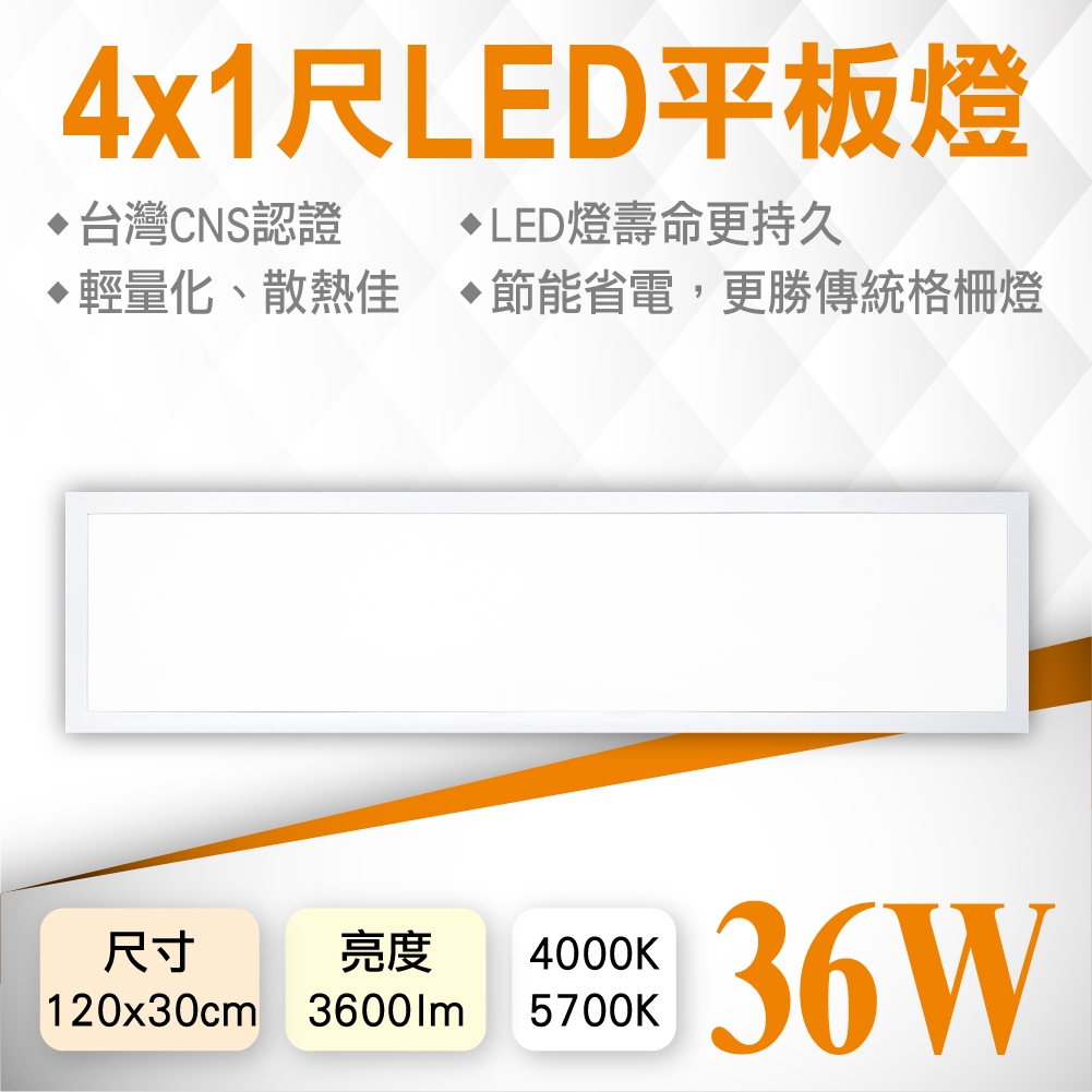 4x1尺LED平板燈-輕鋼架燈-120x30cm-全電壓-36瓦-3600LM-4尺4呎-白光自然光