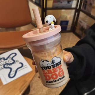 史努比耐溫玻璃杯 吸管杯 高硼矽玻璃杯女生高顏值可愛吸管杯學生牛奶刻度水杯咖啡杯吸管杯送禮