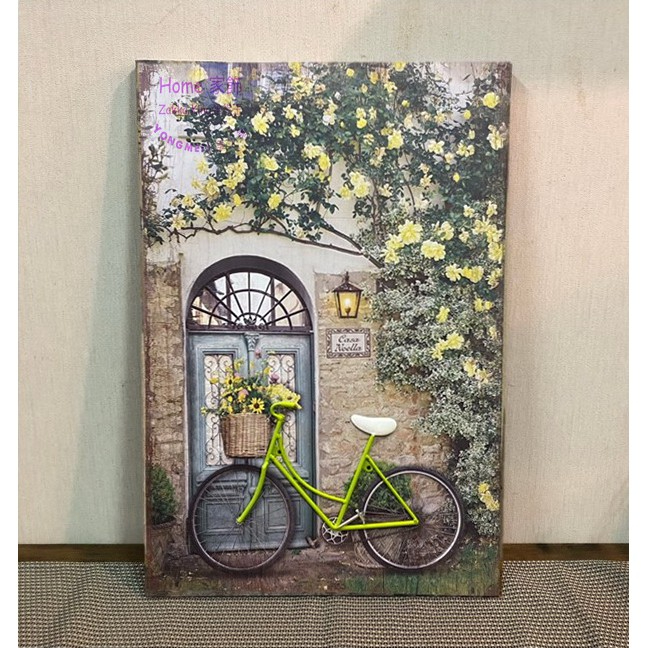 [HOME] 鄉村風花卉大門立體亮綠色腳踏車 led燈掛畫 立體畫 復古無框畫 居家客廳房間咖啡廳佈置裝飾壁畫