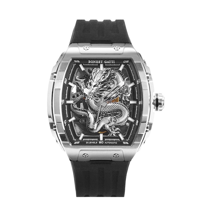BONEST GATTI | 原廠授權布加迪 龍年款 面盤蟠龍騰雲駕霧 酒桶造型 黑色氟橡膠錶帶 自動上鍊機械腕錶