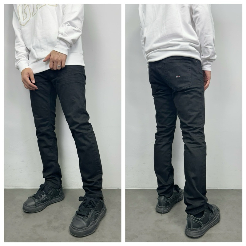 【New START精品服飾-員林】Tommy Jeans 修身 窄版 皮標 素面黑 抓皺 牛仔長褲 牛仔褲 長褲