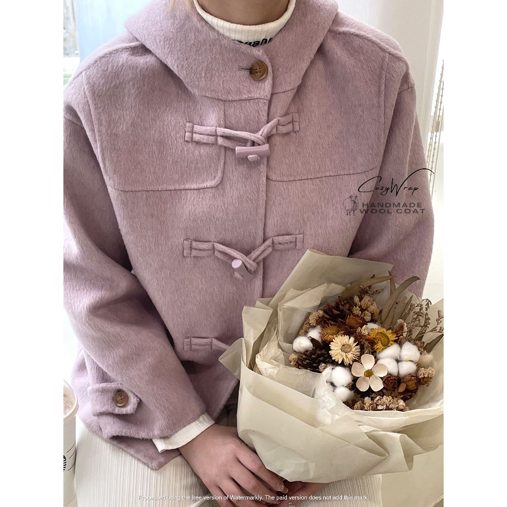 (16)CozyWrap | 預購淺紫色連帽牛角釦中長款正韓手工雙面羊毛大衣100%羊毛