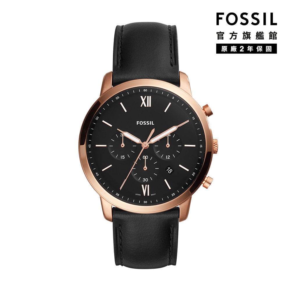 【FOSSIL 官方旗艦館】Neutra 新雅仕計時男錶 黑色真皮皮革錶帶 44MM FS5381
