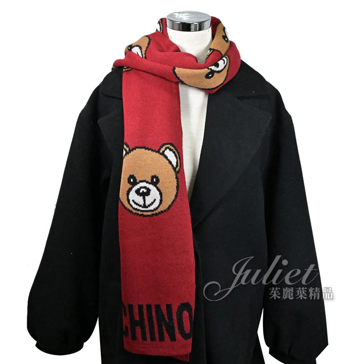 【茱麗葉精品】MOSCHINO 30571 M2164 刺繡泰迪熊混織羊毛圍巾.紅 現貨在台