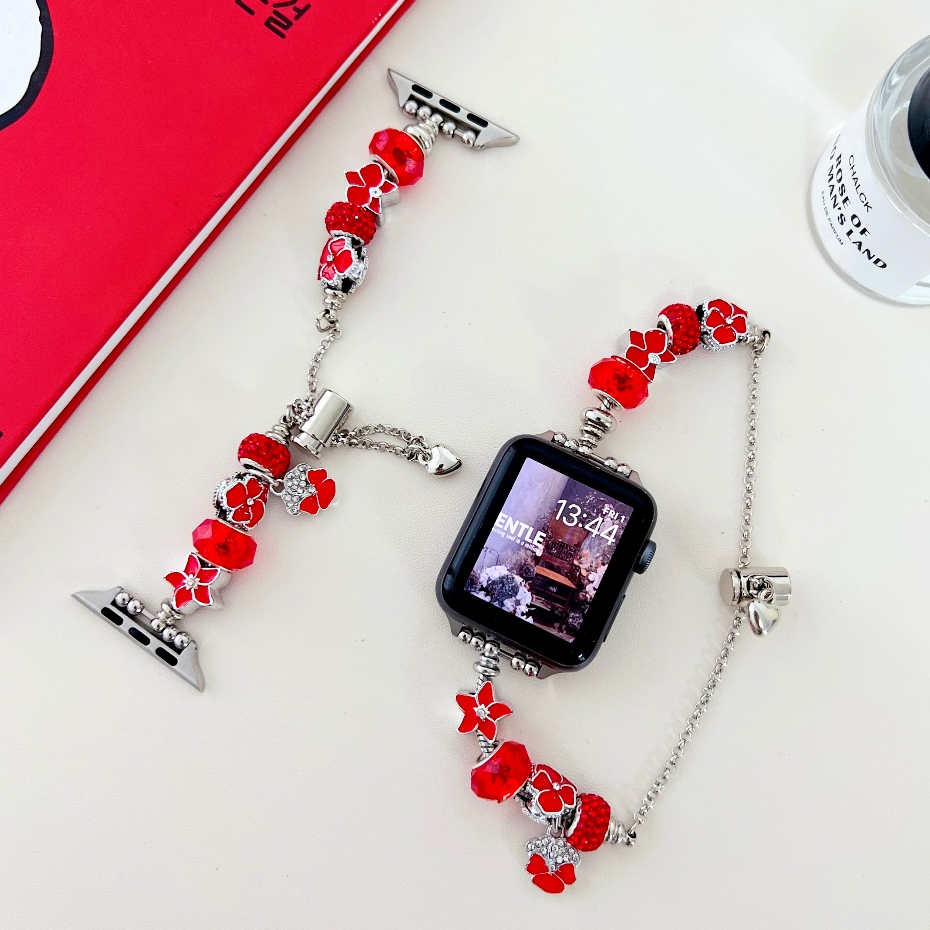 紅色喜慶水鑽潘多拉錶帶 Apple Watch錶帶 蘋果手環錶帶 適用SE S9 Ultra iwatch全系列錶帶