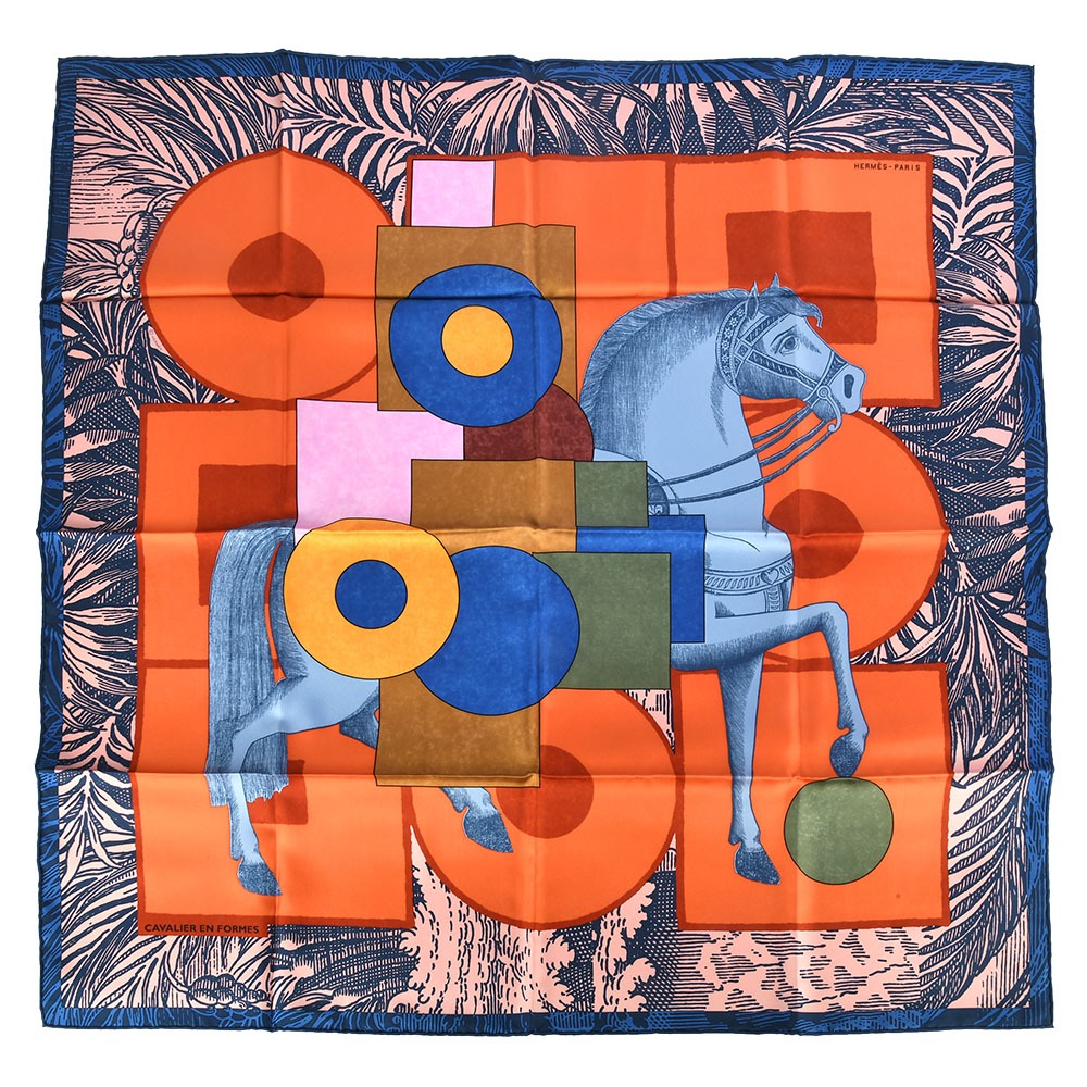 HERMES Cavalier en Formes幾何馬術騎士斜紋真絲方巾90cm(藍橘)370074