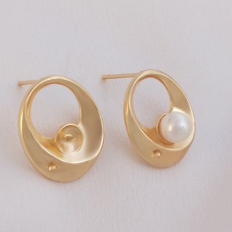 宏雲Hongyun-Ala--925銀針半孔珠托耳釘14K鍍金保色蛋形珍珠空托耳環diy手工耳飾品