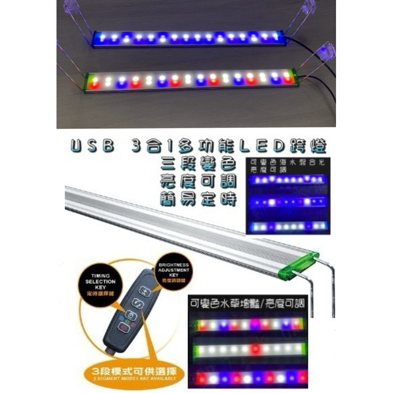 「動力水族」USB三合一跨燈/三段變色亮度可調/LED跨燈/藍白燈/水草燈/增豔燈/魚缸燈