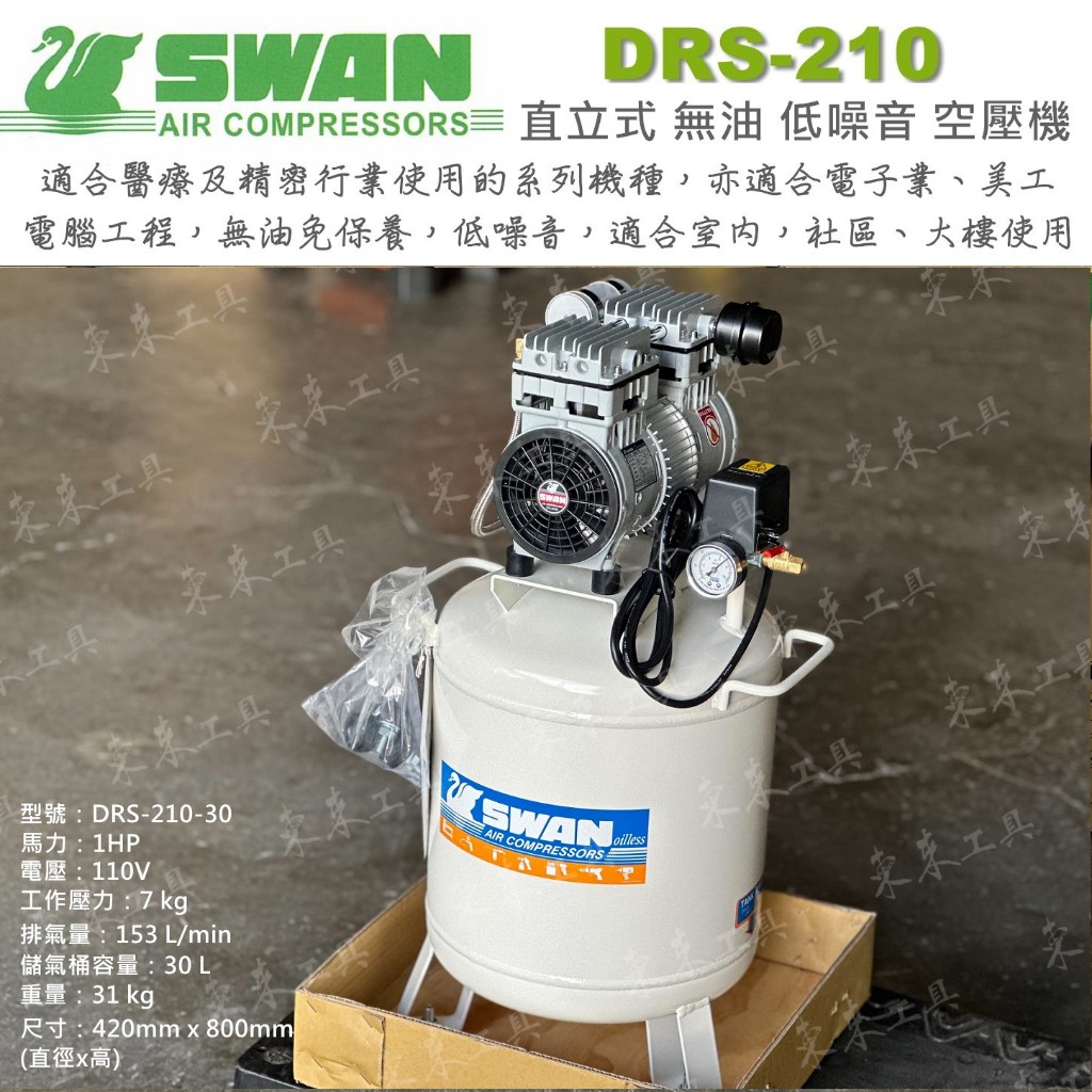 新品上市 直立式 無油空壓機 SWAN DRS-210-30 直立儲氣桶 免運費 另有DRS210-22 直結式空壓機