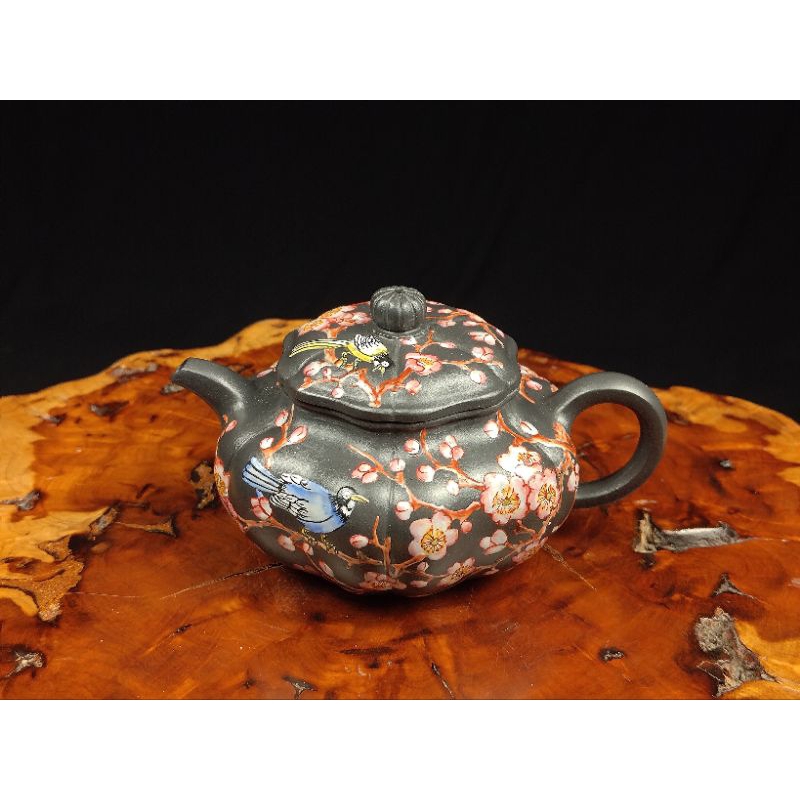 ～壺風茶道~23201《宜興紫砂 黑泥 彩釉葵瓣壺》約350cc 宜興紫砂壺、紫砂、普洱茶、茶壺