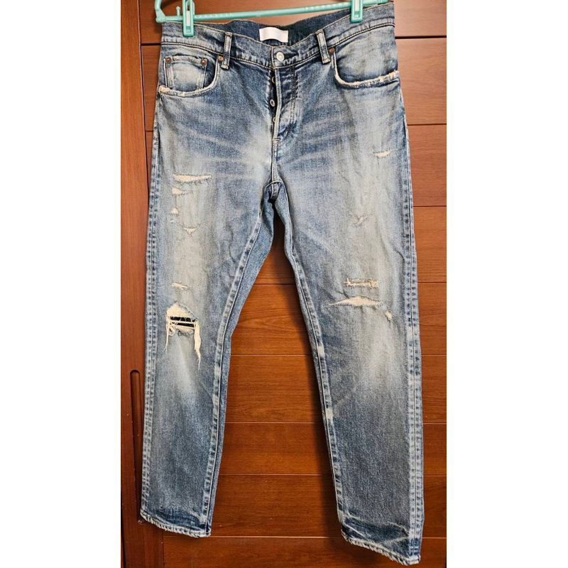 二手 Moussy Vintage 23SS 日本製 SCRANTON TAPERED 破壞補丁錐形牛仔褲