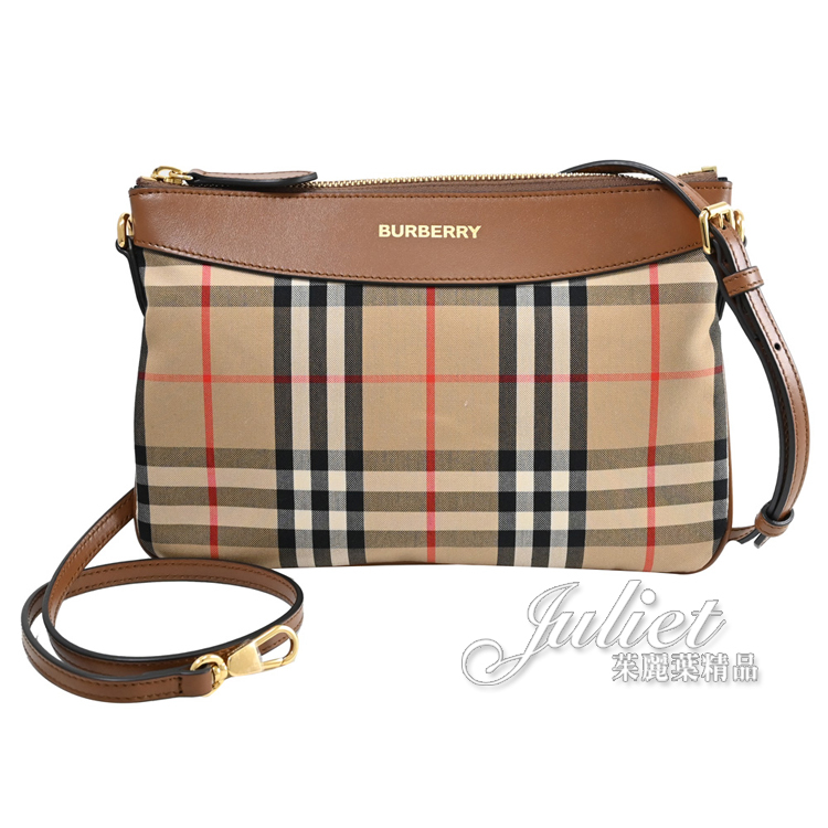 【茱麗葉精品】BURBERRY 8075439 HOUSE 格紋棉麻拼接手拿斜背包.咖邊 現貨在台