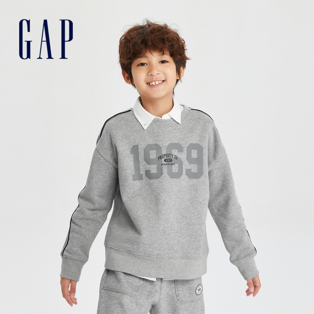 Gap 男童裝 Logo印花大學T 碳素軟磨系列-灰色(785311)
