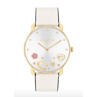 COACH 金色圓形 造型白麵白色皮帶女錶 CO14504294