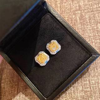 現貨 專櫃款 1克拉 方鑽 巴西 黃水晶 3D立體 鑽石工藝 鑲崁奧地利水晶 耳環 耳針 不過敏（附贈飾品盒）