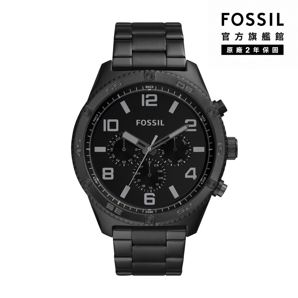 【FOSSIL 官方旗艦館】Brox 三眼計時酷炫低調黑男錶 黑色不鏽鋼錶帶 50MM BQ2532