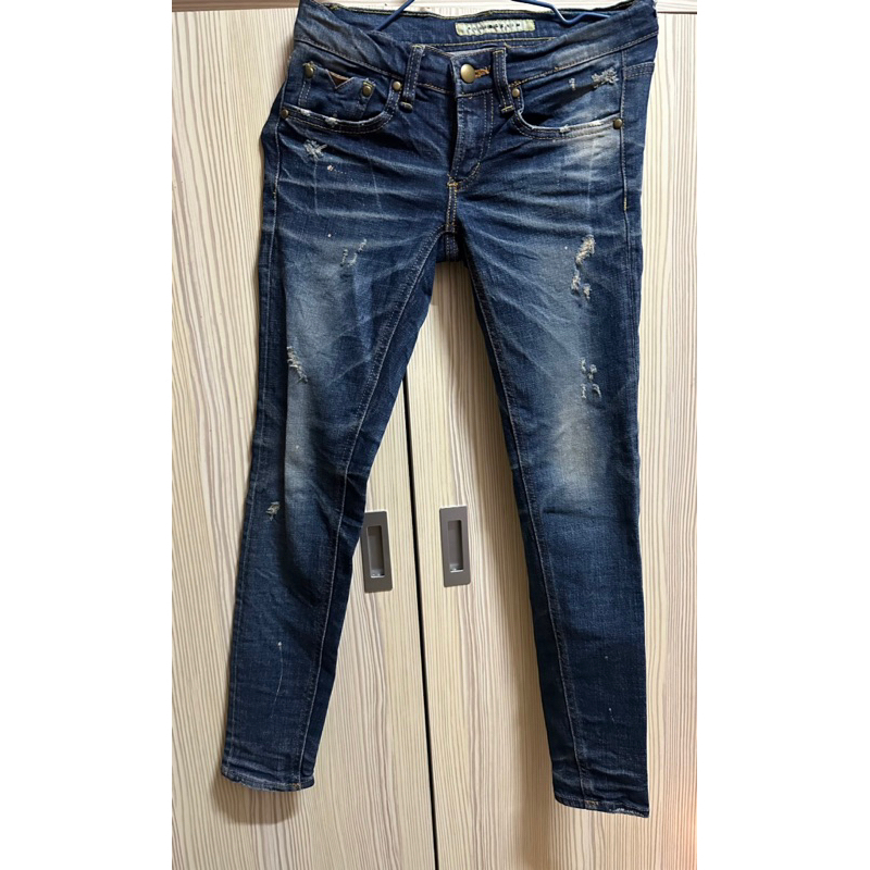 正韓二手 Rodis denim 刷色造型口袋仿皮牛仔褲S