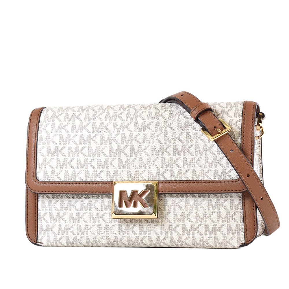 MICHAEL KORS SONIA 緹花LOGO防刮縷空MK磁釦翻蓋鍊帶肩背/斜背二用包-香草白/中 【美國正品現貨】