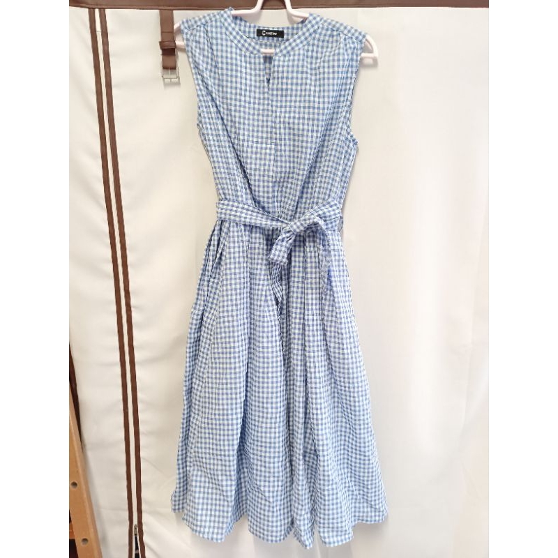 Cantwo專櫃洋裝 藍色格紋 質感氣質綁帶洋裝