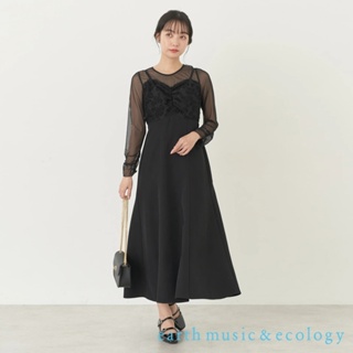 earth music&ecology 透膚薄紗緹花拼接連身洋裝(1M41L0H0100)