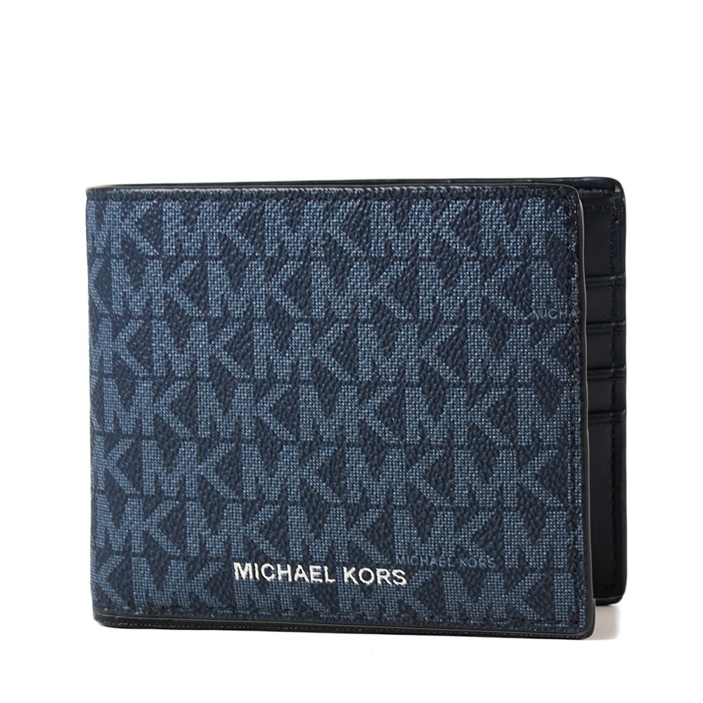 MICHAEL KORS 男款 緹花LOGO防刮八卡短夾/附證件夾-藍色 【美國正品現貨】