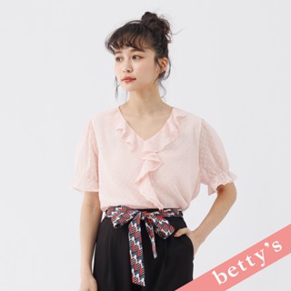 betty’s貝蒂思(31)透膚燒花點點V領荷葉邊上衣(粉色)