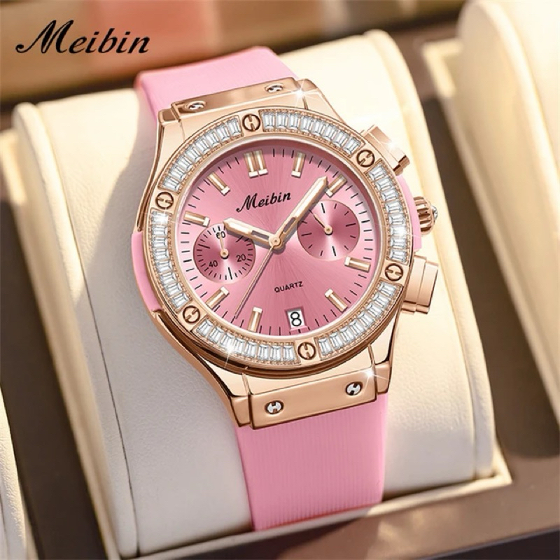 《全新》Meibin女用手錶女錶禮盒氣質玫瑰色粉紅色鑲鑽手錶